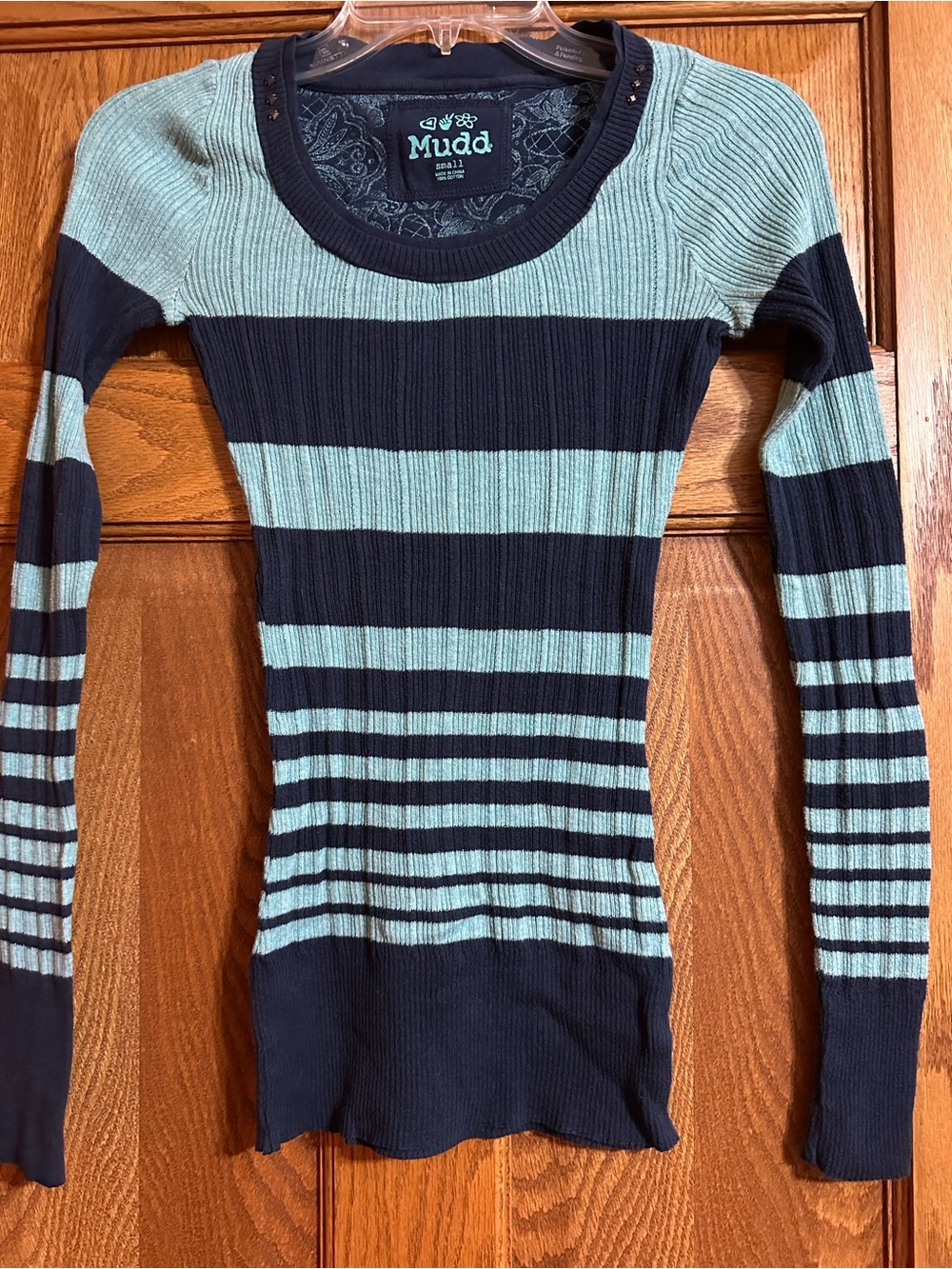Mudd Striped Scoop Neck Sweater in Aqua and Navy